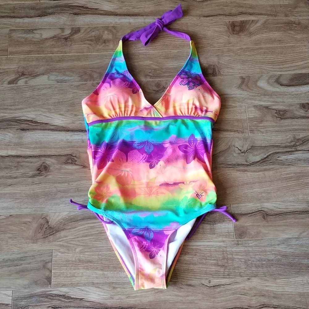 JUSTICE  size 18 one piece swim suit neon colored rainbow